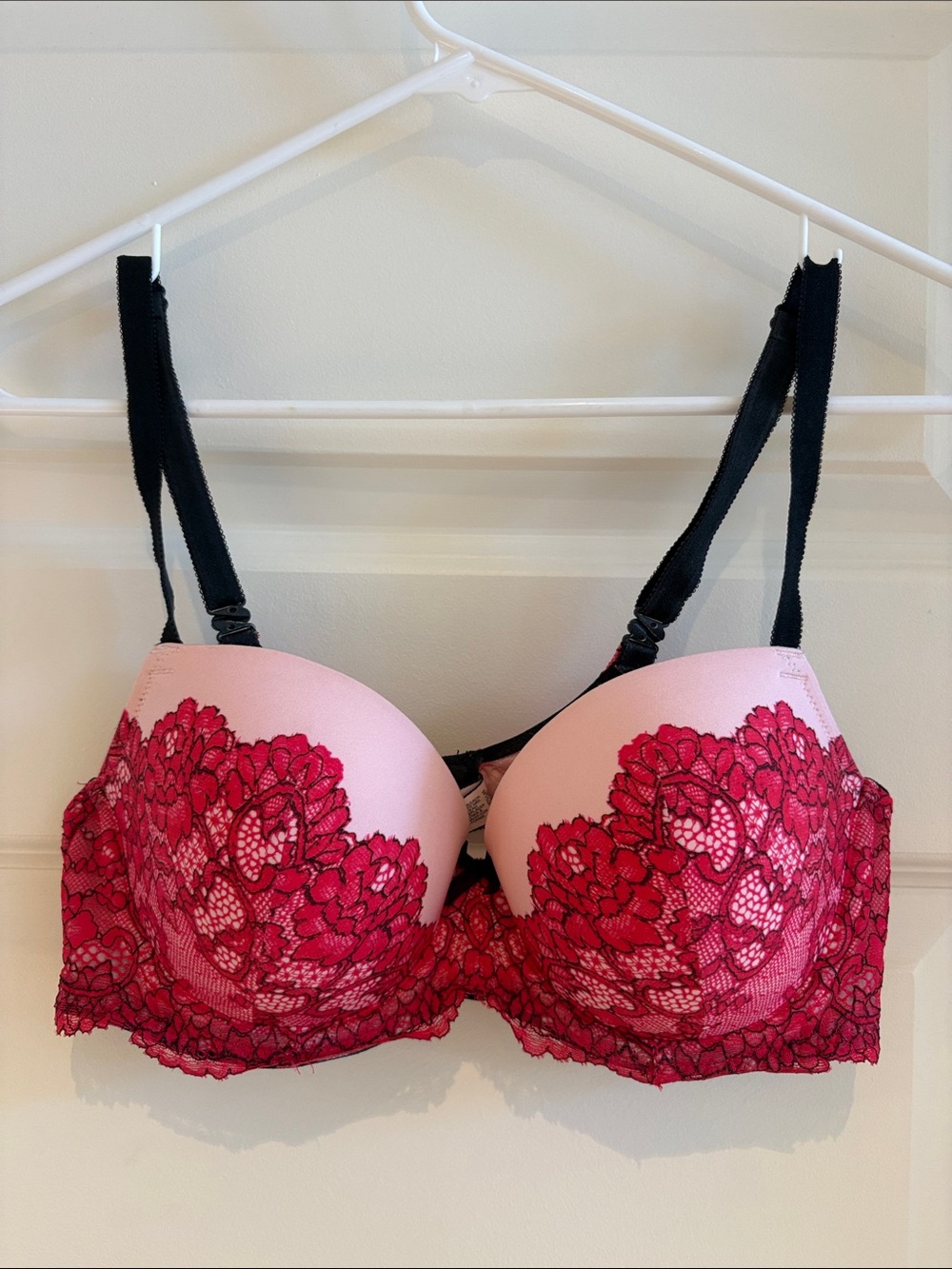 Victoria's Secret Pink Bra with Red Lace Overlay
